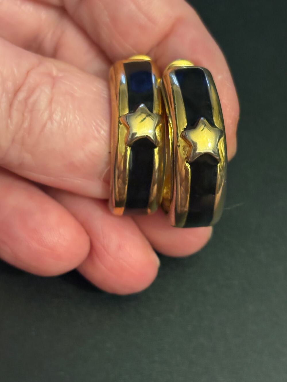 Vintage 1980’s Black Enamel Star Hoop Clip Earrings